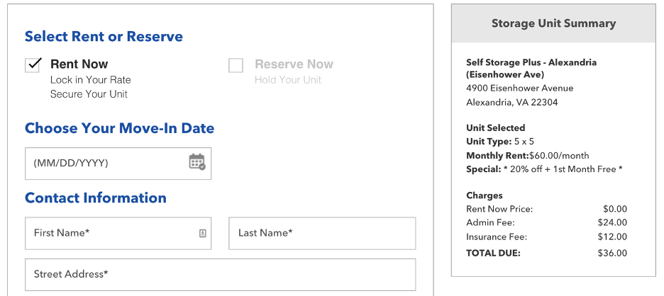 A screenshot of the Rental or Reservation process with Self Storage Plus, showing its simplicity.
