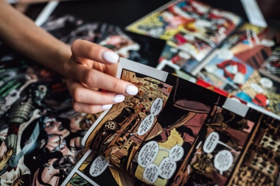 A women flips through her comic book collection.