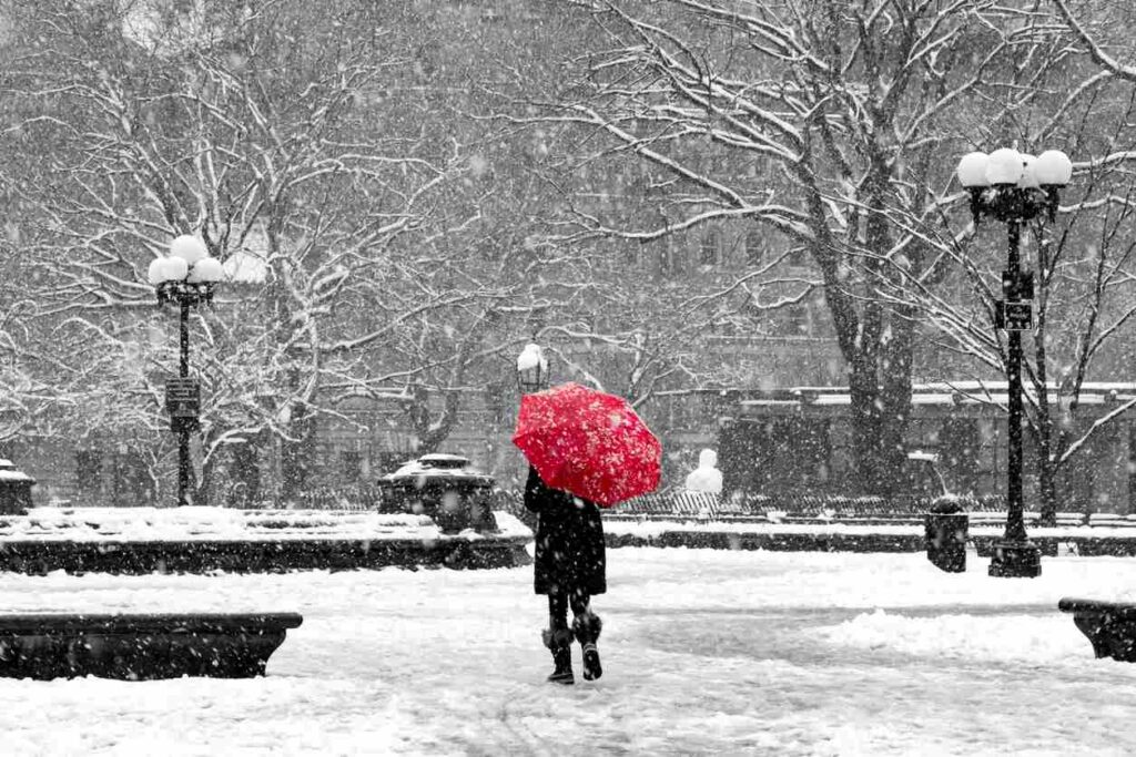 A woman walks in a park with a red umbrella during a snowstorm