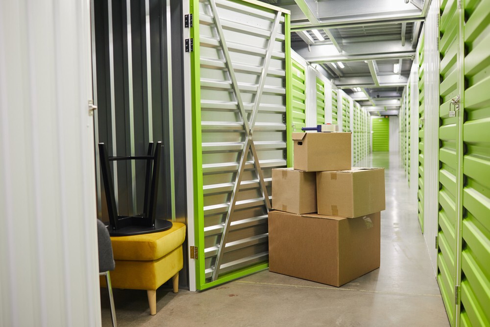 Storage facility with boxes outside unit