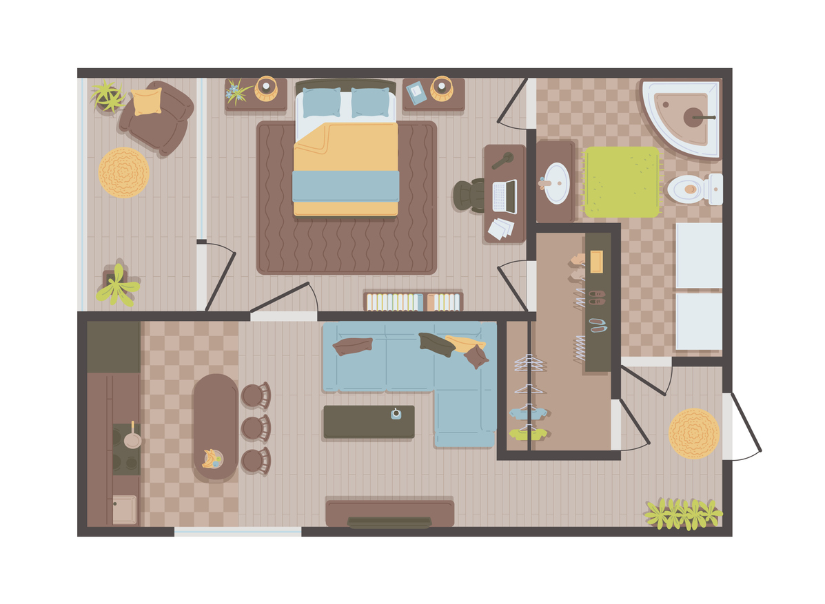 Top-down layout of a one-bedroom apartment showing the lack of storage space