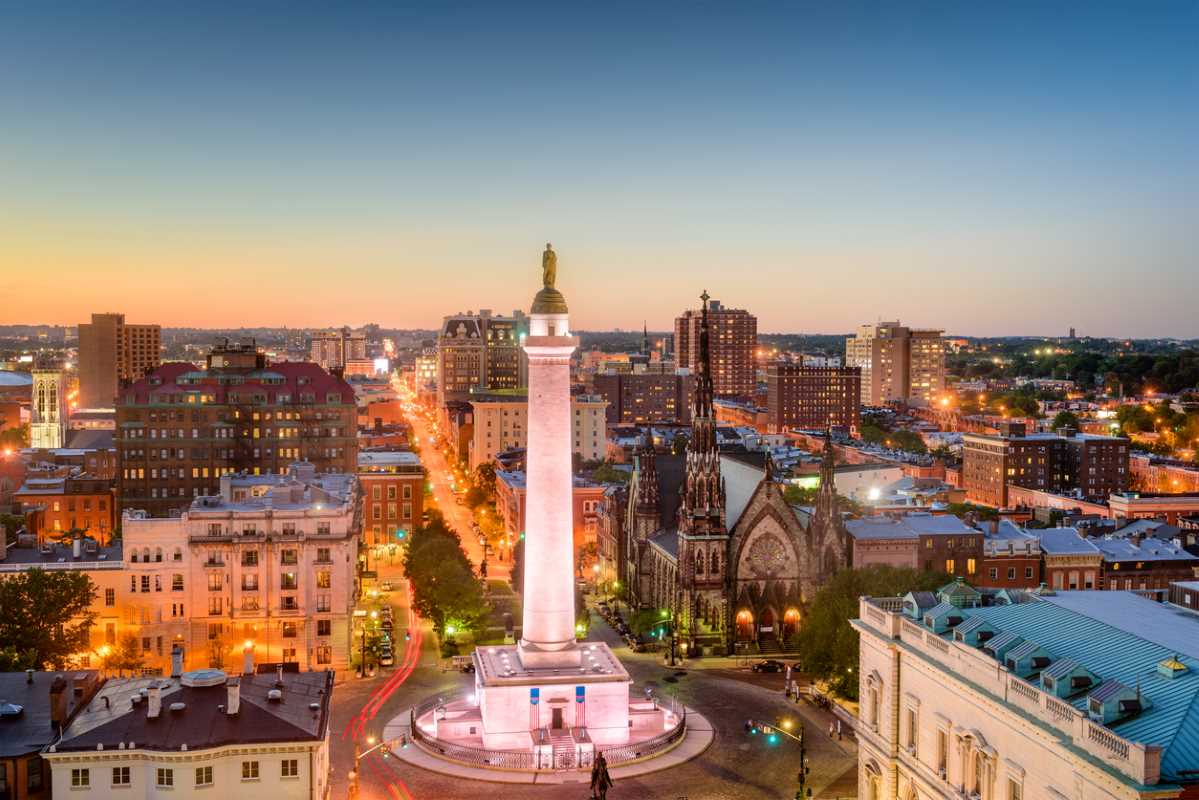 Baltimore, Maryland, USA cityscape at Mt. Vernon and the Washington Monument.