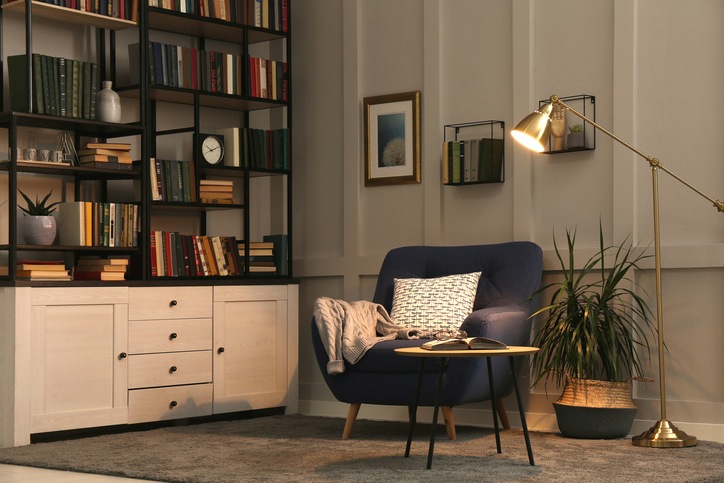 A reading room featuring organized bookshelves with trinkets, beside an armchair next to a plant and a lamp.