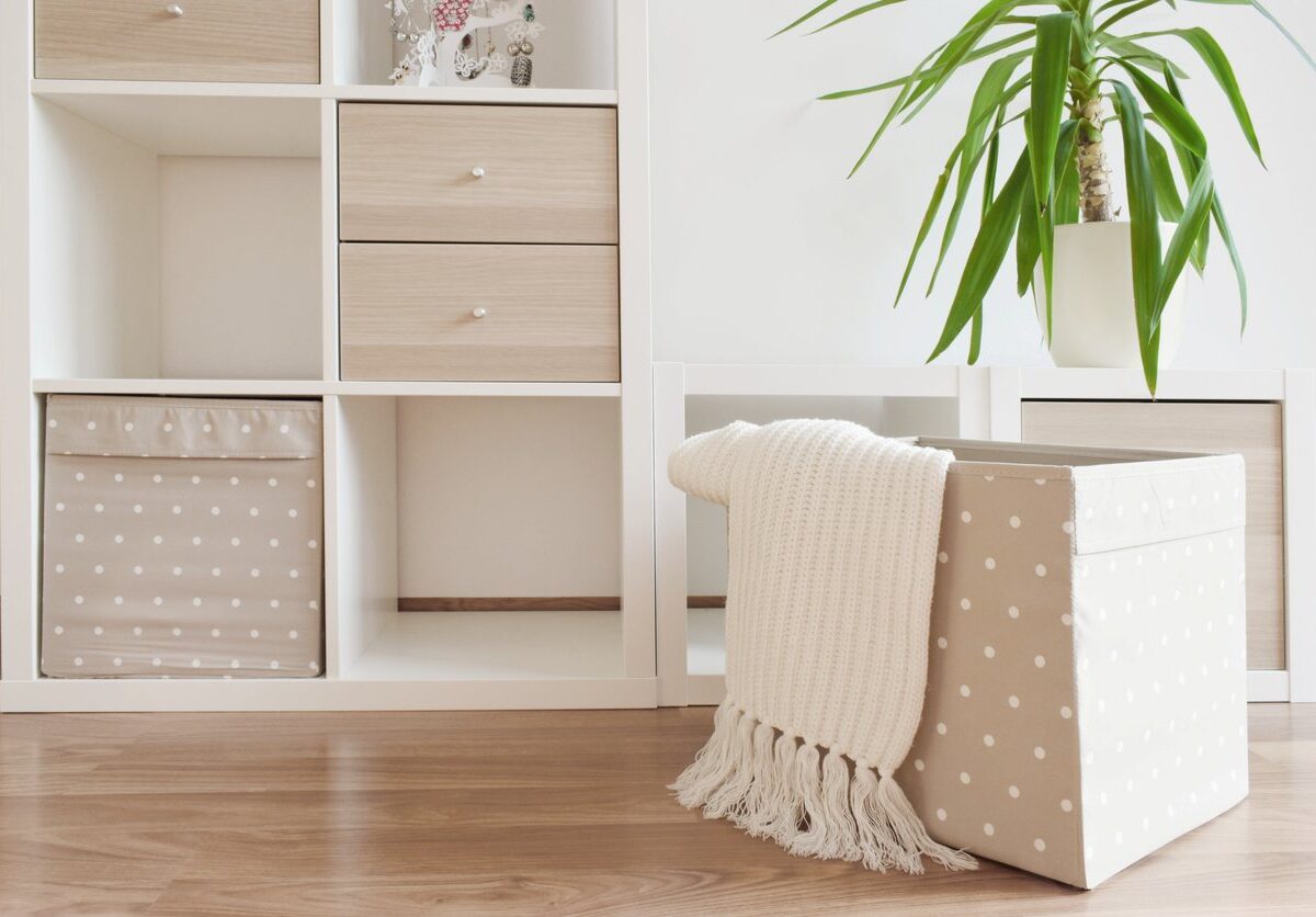White shelf with cube storage in it. There is also a plant on top of it.