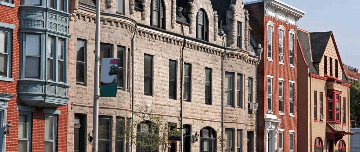 Row of old brick buildings in Baltimore, MD.