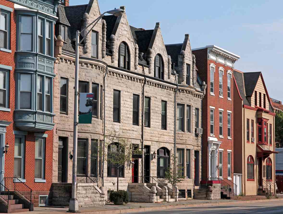 Row of old brick buildings in Baltimore, MD.