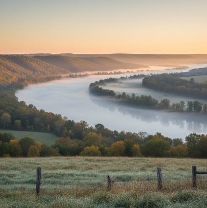 Thick morning fog blankets the Potomac River valley hills at dawn, illustrating the intense Mid-Atlantic humidity.